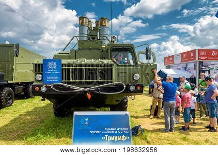 Moscow Region - July 21, 2017: Visitors examine the S-400 Triumf russian missile system at the International Aviation and Space Salon (MAKS).