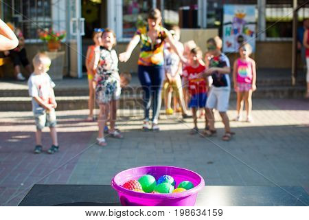 Alchevsk, Ukraine - July 27, 2017: Happy Children Play With Animators In Summer