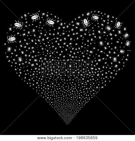 Cucaracha fireworks with heart shape. Vector illustration style is flat white iconic symbols on a black background. Object stream created from confetti pictographs.