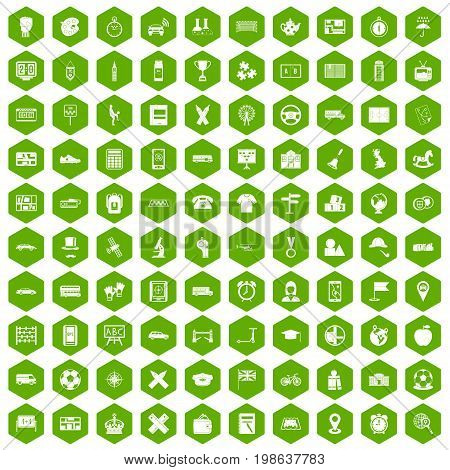 100 bus icons set in green hexagon isolated vector illustration