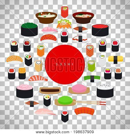Japanese food sushi poster, set of sushi elements isolated on transparent background. Vector ilustration