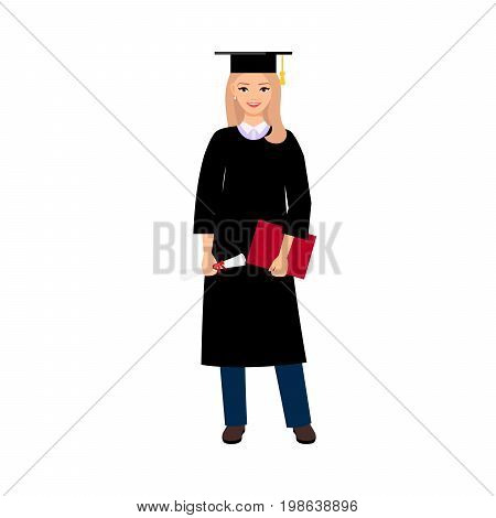 University female student graduate people isolated on white background. Female character with square academic cap and diploma in hands. Vector illustration