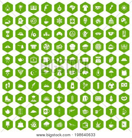 100 coffee cup icons set in green hexagon isolated vector illustration