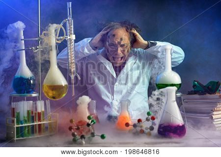 Crazy scientist yelling in his lab front of exploded experiment 