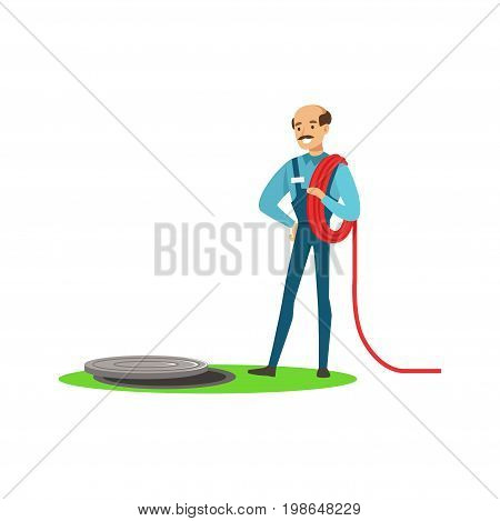 Proffesional plumber man character stnding next to a sewer manhole, plumbing work vector Illustration on a white background