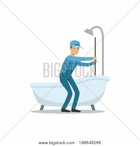 Proffesional plumber man character cleaning drain, plumbing work vector Illustration on a white background
