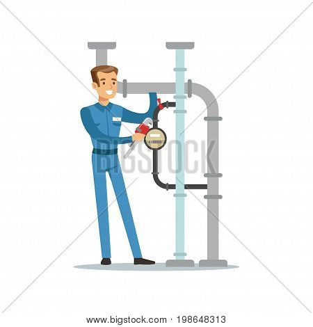 Proffesional plumber man character installing a water meter on a pipeline, plumbing work vector Illustration on a white background