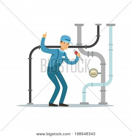 Proffesional plumber man character repairing and fixing water pipes, plumbing work vector Illustration on a white background