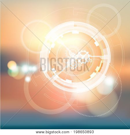 beryllium atom structure on the blue-pink background. Light waves. Abstract background