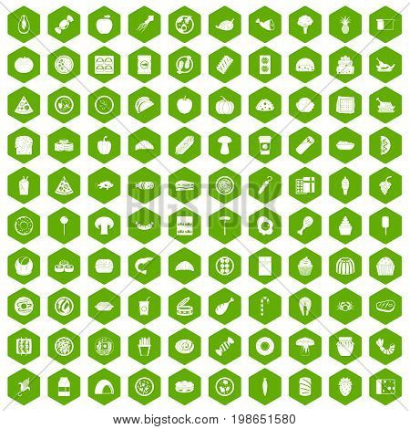 100 meal icons set in green hexagon isolated vector illustration