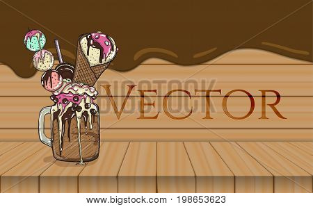 cartoon Style Milkshake with cookies chocolate sweets and ice cream. Wooden and chocolate flow background. Vector illustration.