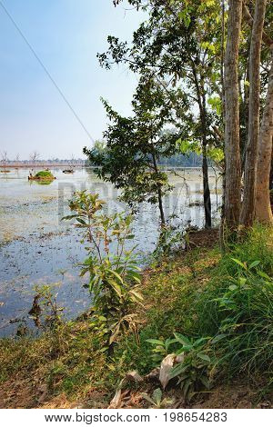 Beautiful lake with with trees and other vegetation around the Neak Pean Temple in Angkor Complex, Siem Reap, Cambodia.