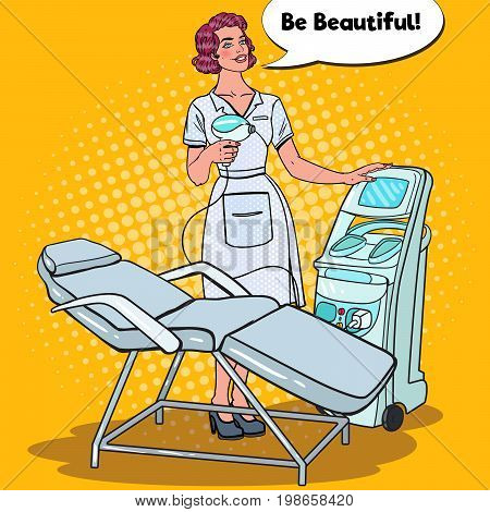 Professional Skin Treatment Beauty Clinic. Pop Art Woman Cosmetologist with Laser Removal Machine. Vector illustration