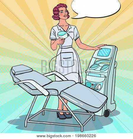 Professional Skin Treatment Beauty Clinic. Pop Art Cosmetologist with Laser Removal Machine. Vector illustration