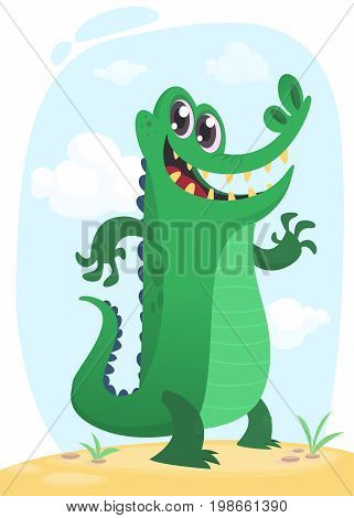 Cool funny cartoon crocodile character. Wild jungle animals collection. Baby education. Isolated. Simple nature swamp background. Vector illustration. Design element for print or sticker