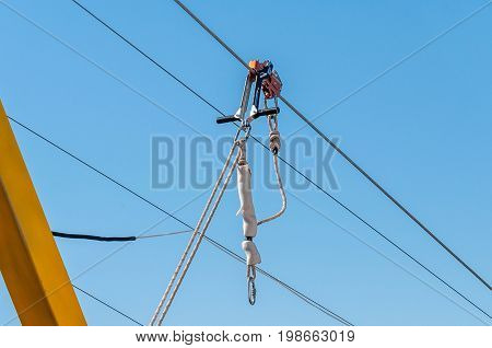 Equipment for safe trolling on a steel cable. Zipline.