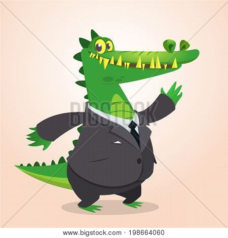 Cute cartoon crocodile alligator or dinosaur wearing black businessman suit. Vector illustration of a lovely crocodile mascot isolated