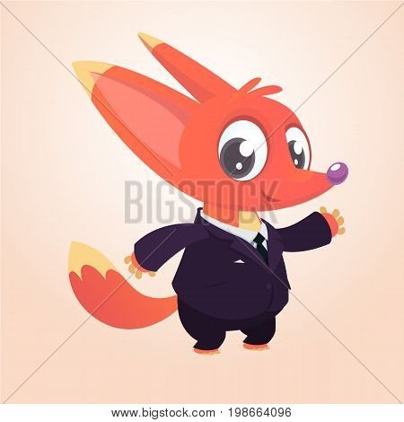 Cartoon brown fox dressed up in office suit presenting. Vector art illustration. Fashion animal or business animal.Fox mascot businessman