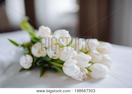 Bouquet Of Tulips On White Bed