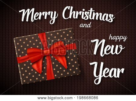 Illustration of Marry Christmas Greeting Card. Vector Realistic Gift Box with Red Ribbon on Kneeted Pattern with Marry Christmas and Happy New Year Paper Lettering