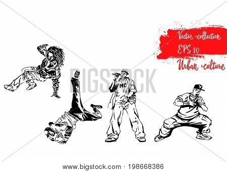 Set of illustrations with representatives of Urban Culture. Breakdancers and rapers. Extreme theme modern print. Vector design elements. Isolated on white