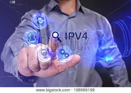 Business, Technology, Internet And Network Concept. Young Businessman Working On A Virtual Screen Of