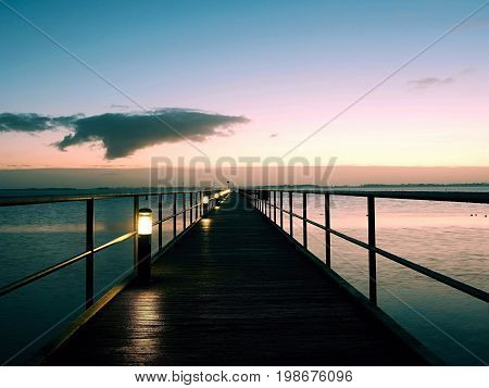 Foot Bridge. Sea Bridge. Slippery Wooden Constrution  Above Sea.