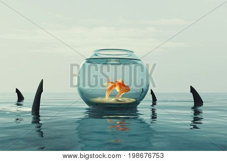 Goldfish in an aquarium surrounded by sharks. This is a 3d render illustration