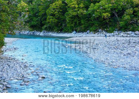 The beautiful Makarora River where the water is really blue at the Blue pools walking track in Mount Aspiring National Park Wanaka South Island of New Zealand
