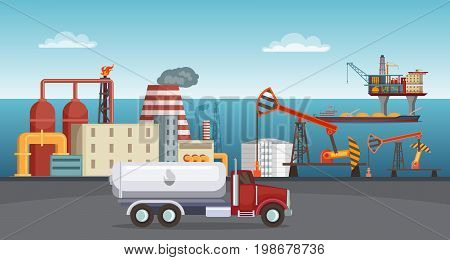 Background illustration of petroleum industry. Oil refinery, terminal of production. Petroleum manufacture building in sea vector