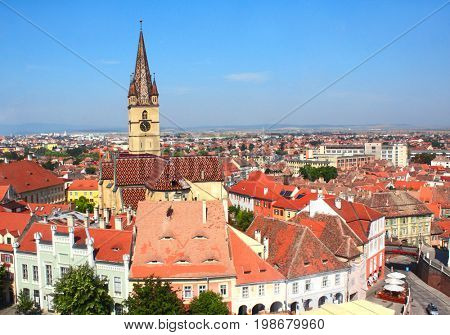 Top view from Council Tower on Lutheran cathedral tower, Bridge of Lies and houses on Small Square (Piata Mica), Sibiu, Transylvania, Romania
