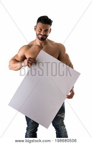 Naked young male bodybuilder holding blank white sign, isolated on white background, large copyspace