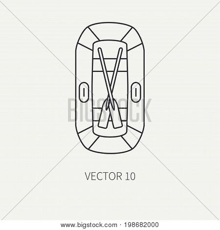 Line flat vector fisher and camping icon inflatable rubber boat. Fisherman equipment. Retro cartoon style. Holiday travel. Spinning. Lake. Oars. Catch. Illustration element for your design, wallpaper.