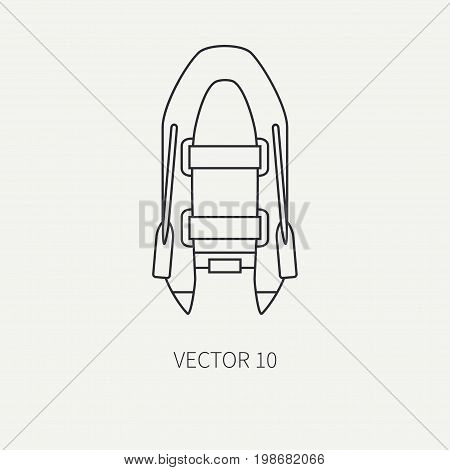 Line flat vector fisher and camping icon inflatable rubber boat. Fisherman equipment. Retro cartoon style. Holiday travel. Spinning. Lake. Oars. Catch. Illustration element for your design, wallpaper.