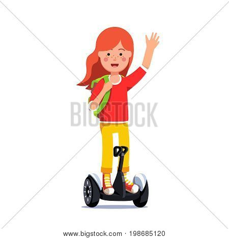 Teenager girl riding a standing futuristic electric self-balancing gyroboard scooter transporter with knee support. Kid enjoying ride. Flat style vector illustration isolated on white background.