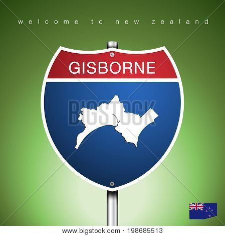 An Sign Road America Style with state of New Zealand with green background and message GISBORNE and map vector art image illustration
