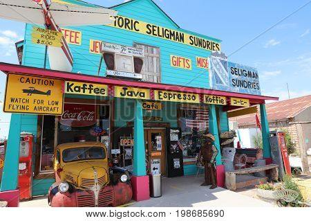 Seligman, USA - July 7, 2017: Decorations in the city of Seligman in Arizona at the historic Rooute 66 on July 7, 2017. The historic route 66 is now Freeway 40.