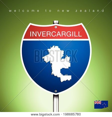 An Sign Road America Style with state of New Zealand with green background and message INVERCARGILL and map vector art image illustration