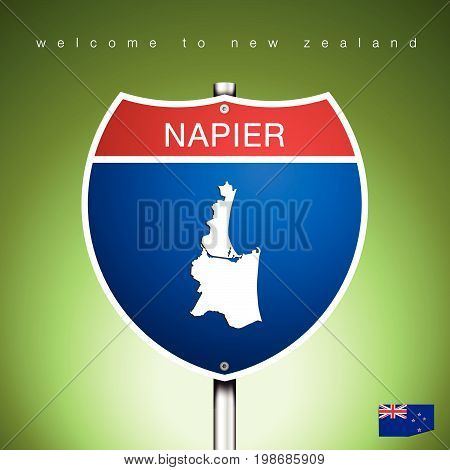 An Sign Road America Style with state of New Zealand with green background and message NAPIER and map vector art image illustration