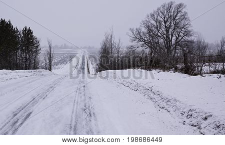 Wide view of a long snow covered country road framed by bare trees and leading a distant tree line in Akwesasne, New York on an overcast blustery day in February.