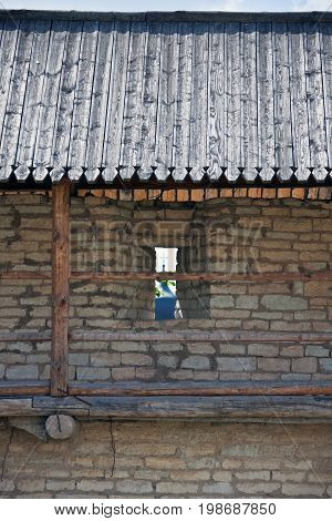 Fortified wall with battlements. Pskov Krom (Kremlin). Russia.