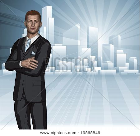 Confiant jeune homme d'affaires City Skyline Concept