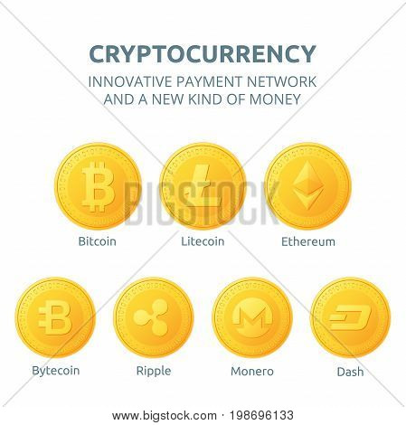Ethereum litecoin and bitcoin ripple dash monero bytecoin icons is a golden color. Cryptocurrency icons set isolated on white background. Vector illustration.