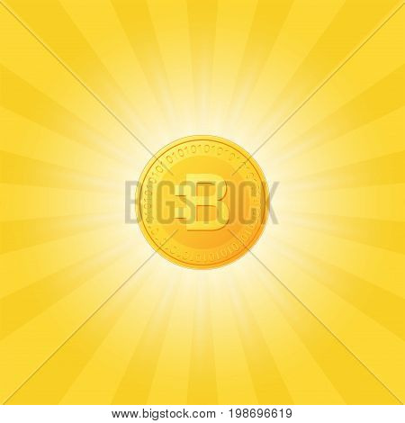 Bytecoin icon is a golden color. Crypto currency on a abstract background with light rays. Vector Illustration.