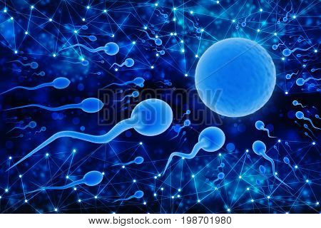 Sperm and egg cell on scientific background. 3d illustration