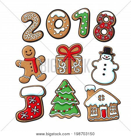 Set of homemade gingerbread cookies - Christmas elements and 2018 numbers, sketch vector illustration isolated on white background. Christmas gingerbread cookies - Xmas elements and 2 0 1 8 numbers