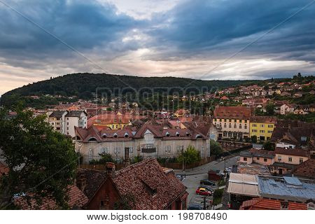 Cityscape view of old and historic european town Sighisoara Romania.