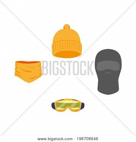 vector snowboarding equipment set - cap balaclava goggles mask flat icon. Isolated illustration on a white background. Snowboard, ski winter activity equipment, tools object design.