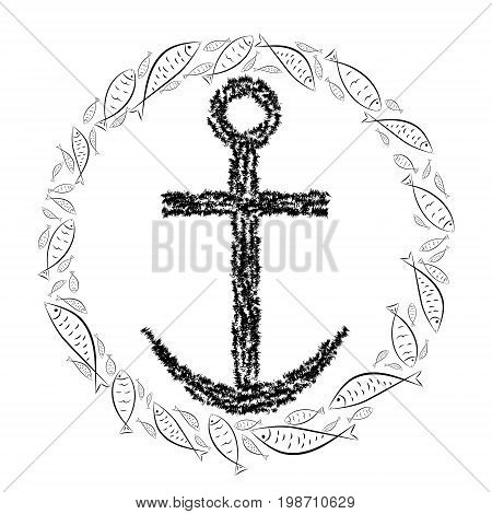 Anchor cross in the Christian religion in a circle of fish. Cross and crescent symbols of the birth of Christ from the body of Mary. Vector design.