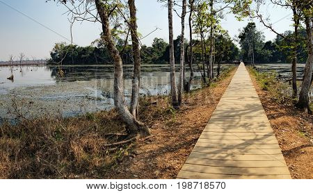 Mysterious wooden path towards Neak Pean Temple through artificial island in Angkor Complex, Siem Reap, Cambodia. Ancient Khmer architecture, famous Cambodian landmark, World Heritage